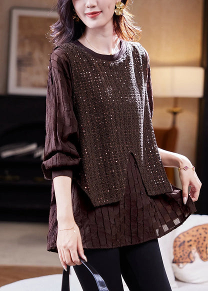 Organic Coffee Sequins Patchwork Fake Two Pieces Shirt Fall