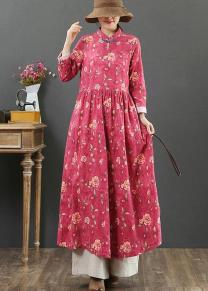 Stand Collar Cinched Spring Dresses Red Print Dress
