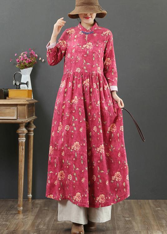 Stand Collar Cinched Spring Dresses Red Print Dress