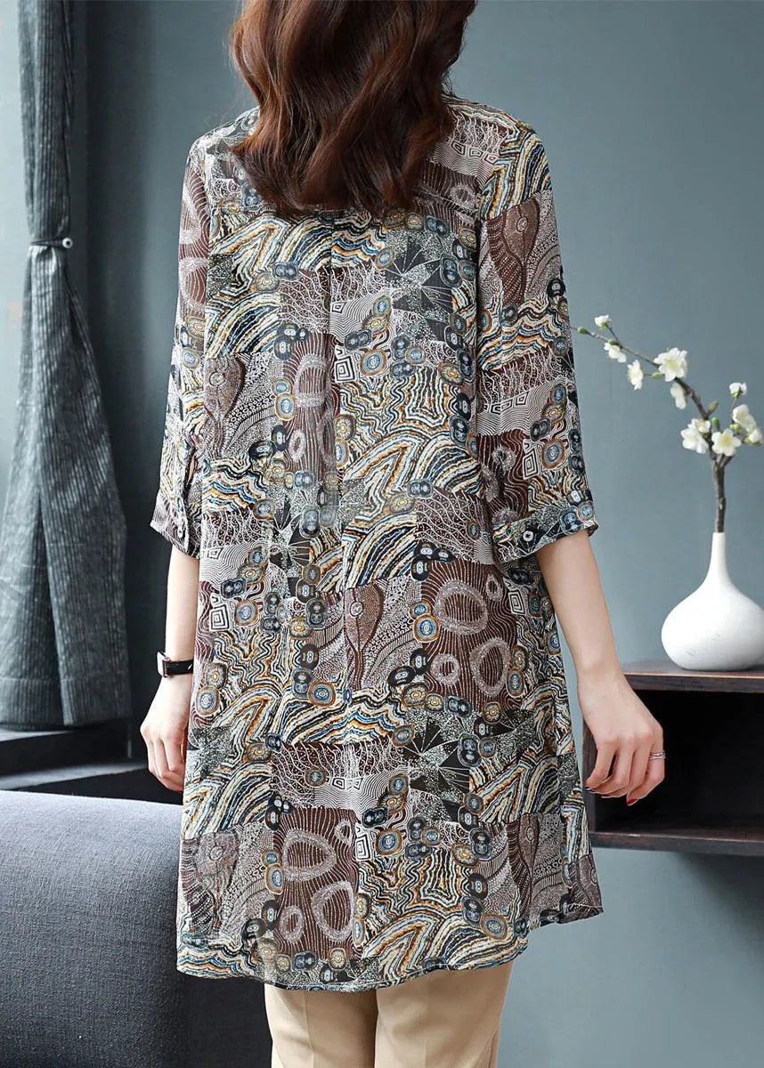 Button Peter Pan Collar Print Chiffon Blouse Tops Three Quarter Sleeve