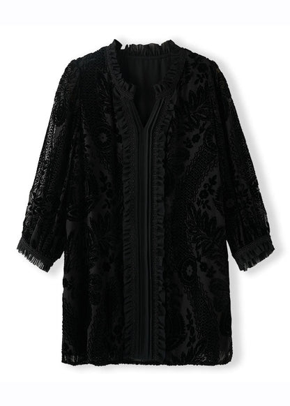 French Black V Neck Velour Tops Long Sleeve