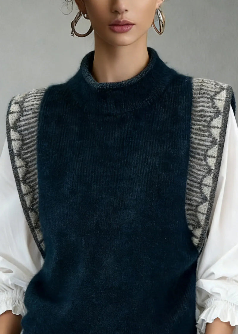 Jacquard Navy Cozy Patchwork Knit Vest Sleeveless