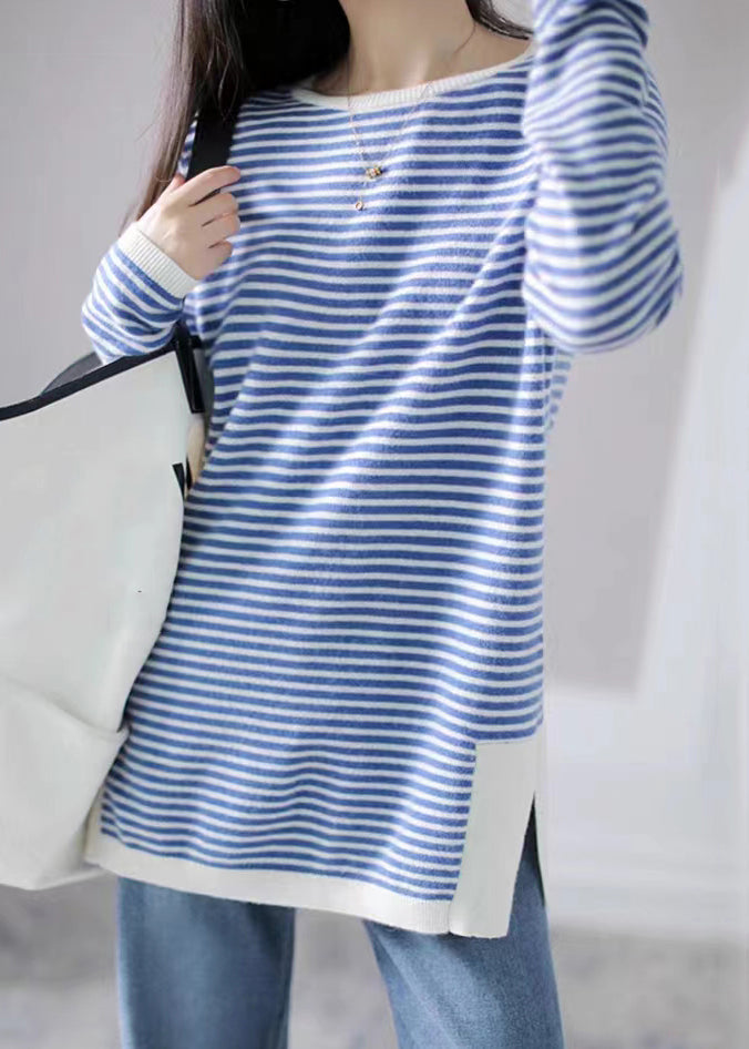 Blue Striped Side Open Patchwork Knitting Cotton Tops Fall
