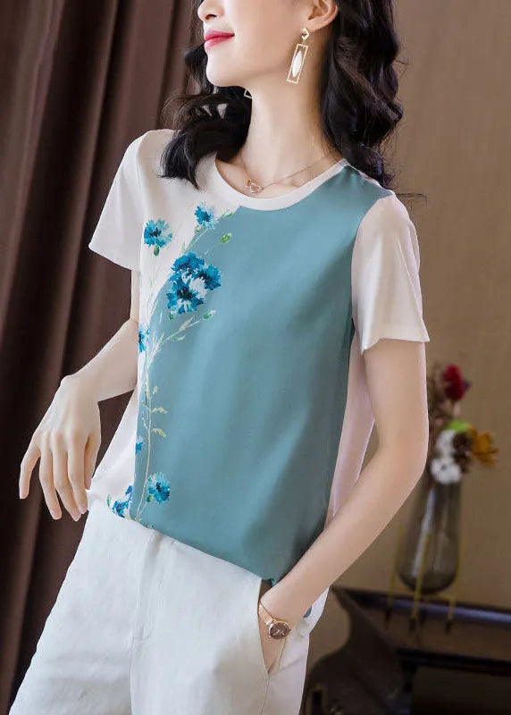 Colorblock O-neck Oversized Print Silk Tanks Summer