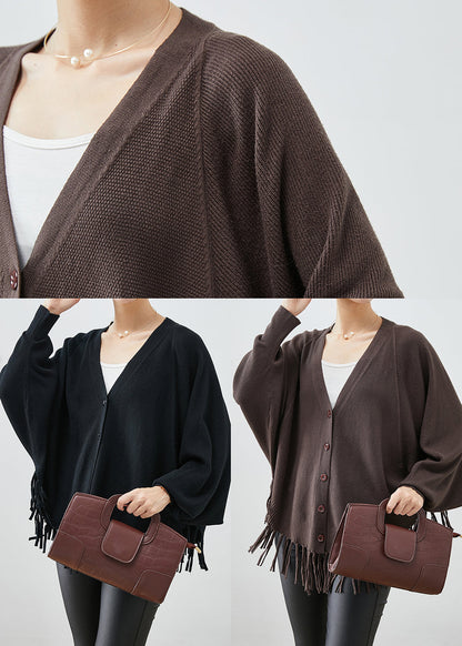 Black Oversized Tasseled Knit Coats Fall