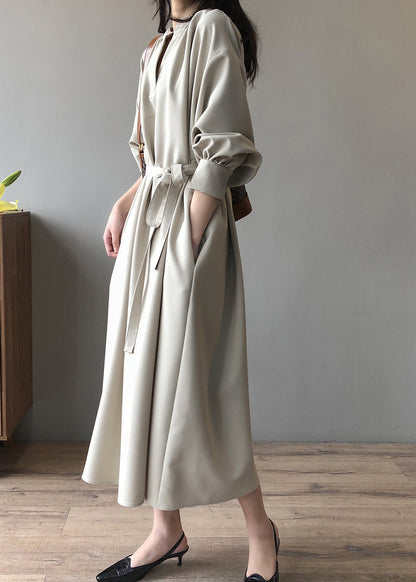 Apricot V Neck Tie Waist Cotton Long Dress Fall