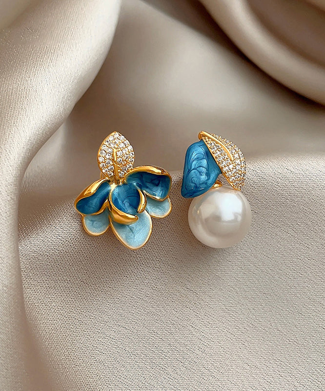 Bluecopper Zircon Asymmetric Pearl Enamel Drop Glaze Stud Earrings
