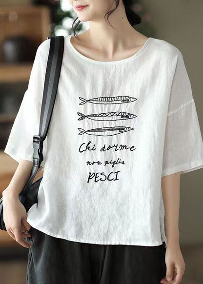 White O Neck Patchwork Linen T Shirt Summer