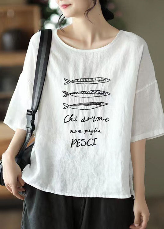 White O Neck Patchwork Linen T Shirt Summer