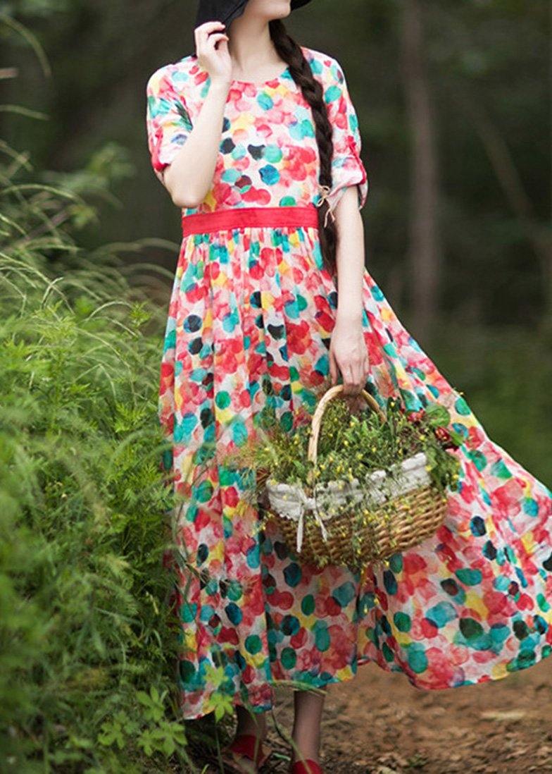 Modern Dotted Clothes O Neck Exra Large Hem Robes Summer Dress