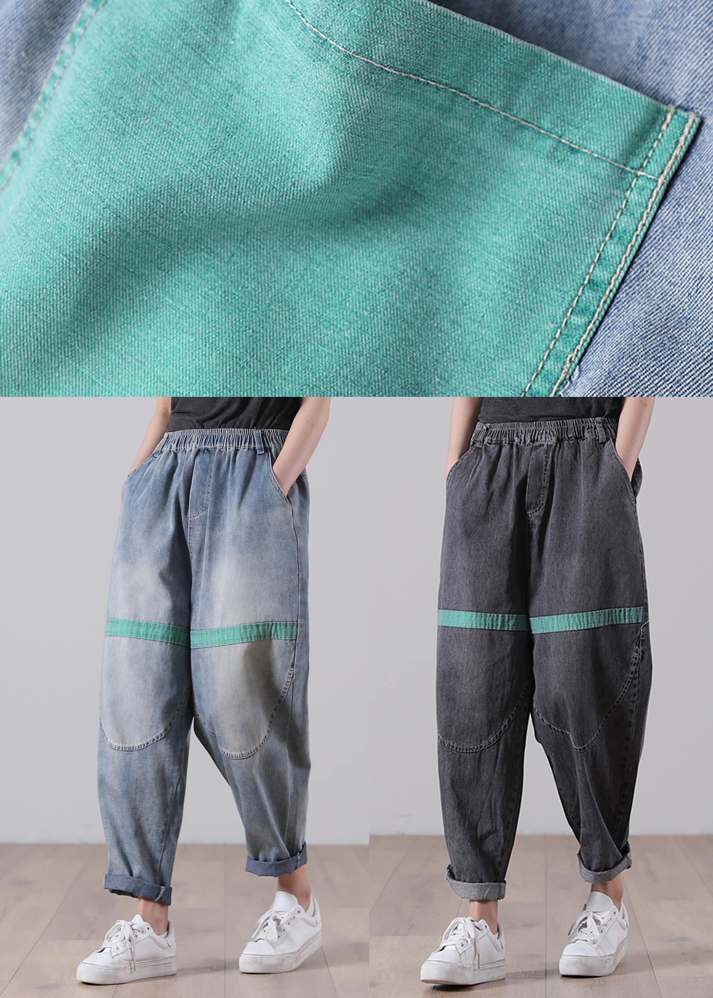 Blue Elastic Waist Harem Summer Cotton Pants