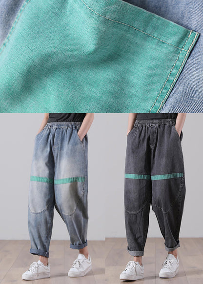 Blue Elastic Waist Harem Summer Cotton Pants