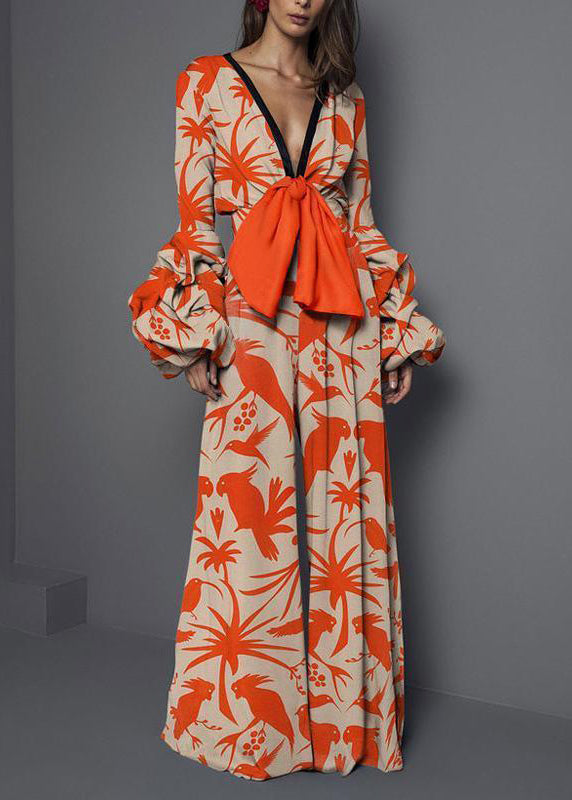 Red V Neck Print Patchwork Jumpsuits Long Sleeve Spring