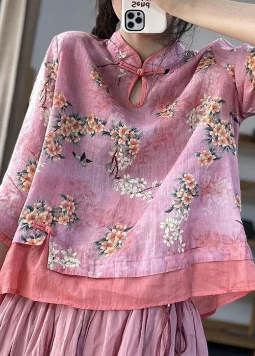 Pink Print Patchwork Blouses Half Sleeve
