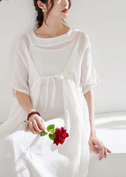 Comfy White Tie Waist Patchwork Summer Ramie Vacation Dresses Half Sleeve