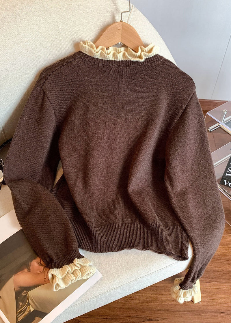 Coffee Ruffled Button Patchwork Knit Coats Winter
