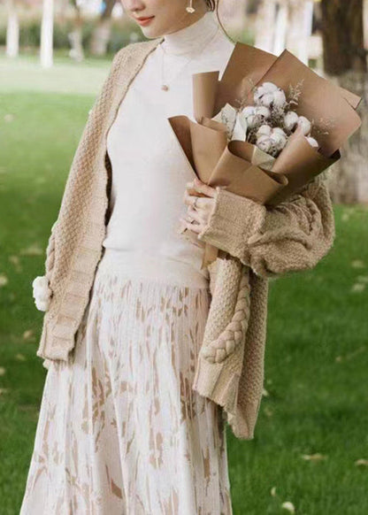 Khaki V Neck Patchwork Cable Knit Cardigan Fall