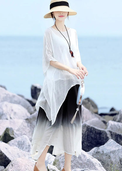 Stylish White O-neck Asymmetrical Design Linen Loose Tops Half Sleeve