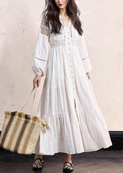 White Hollow Out Wrinkled Cotton Blouses Dress Fall