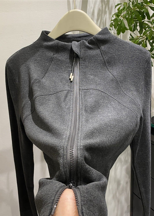Dark Grey Velour Jackets Zip Up Stand Collar Spring