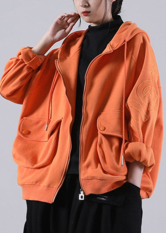 Orange Hooded Zippered Pockets Fall Coat Long Sleeve