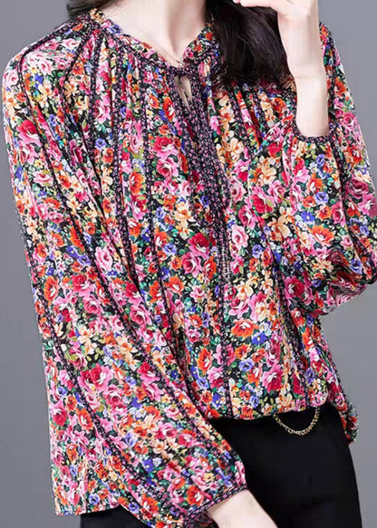 Red Print Stand Collar Ruffled Silk Top Long Sleeve