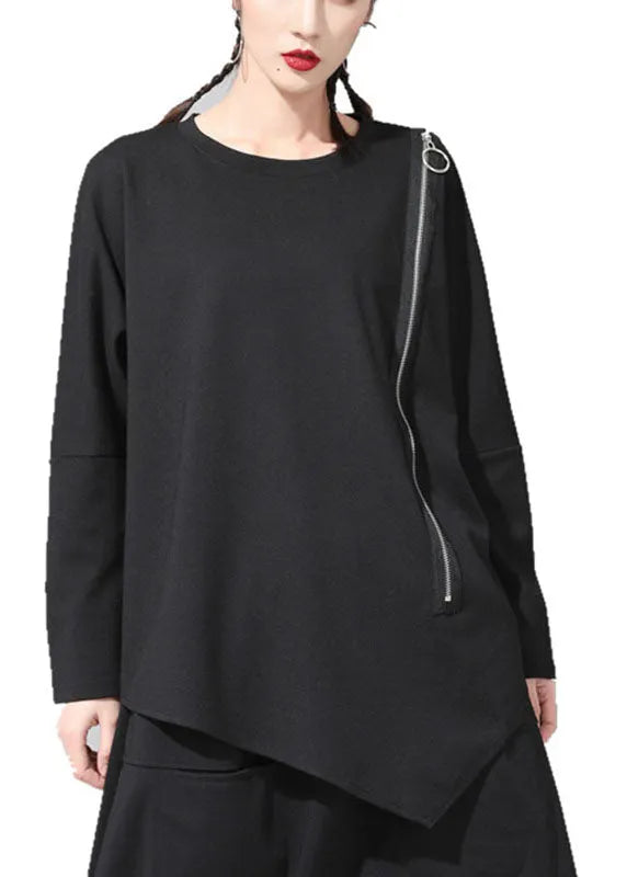 Black O-neck Patchwork Asymmetrical Design Zippered Fall Long Sleeve Top