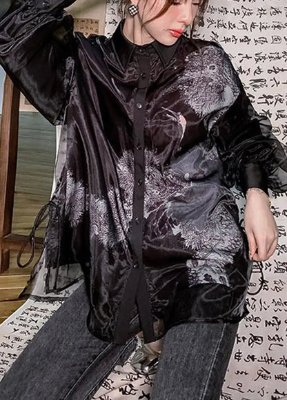 Stylish Black Layered Patchwork Red-crowned Crane Print Tulle Shirts Fall
