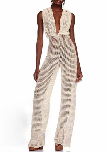Beige Hooded Hollow Out Knit Jumpsuits Sleeveless
