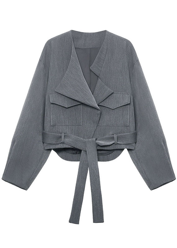 Unique Grey Loose Pockets Tie Waist Fall Long Sleeve Coat
