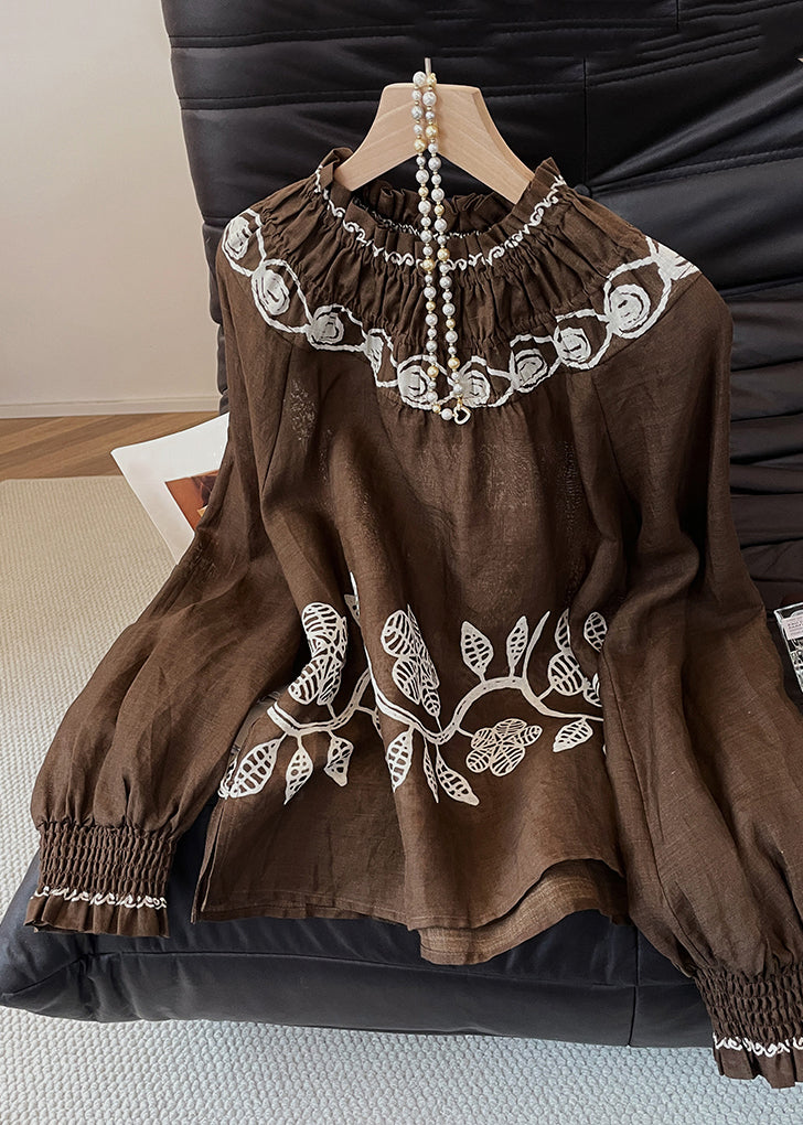 Coffee Embroidered Wrinkled Cotton Blouses Fall