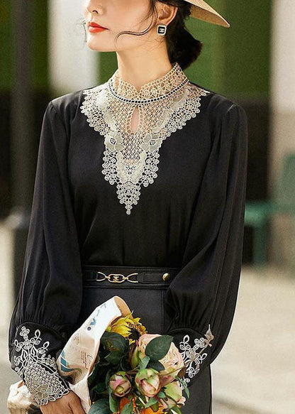 Black Stand Collar Embroideried Hollow Out Chiffon Blouse Tops Long Sleeve