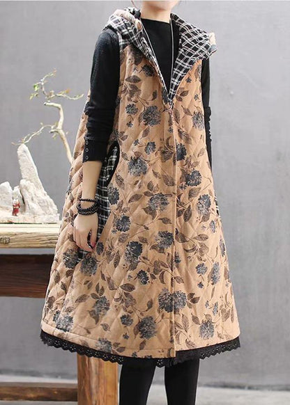 Loose Fitting Coats Yellow Print Hooded Sleeveless Coat