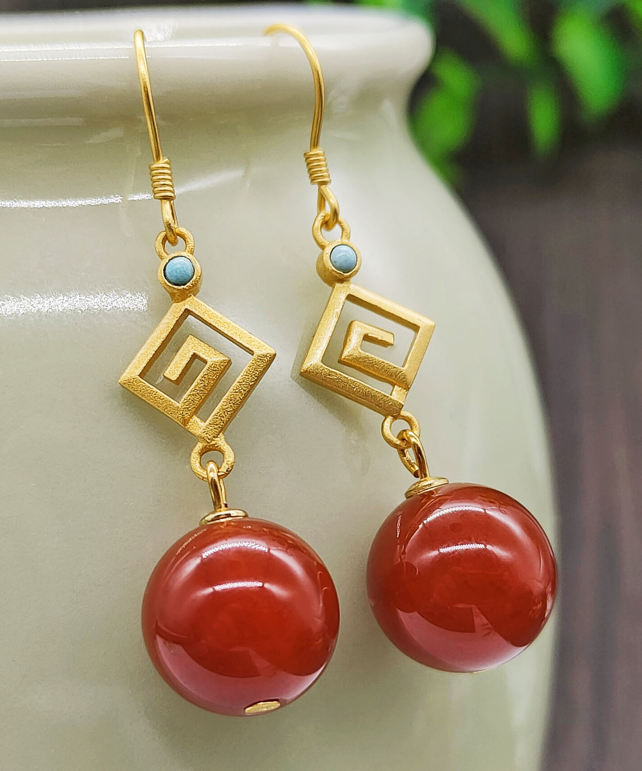 Red Sterling Silver Overgild Agate Turquoise Drop Earrings