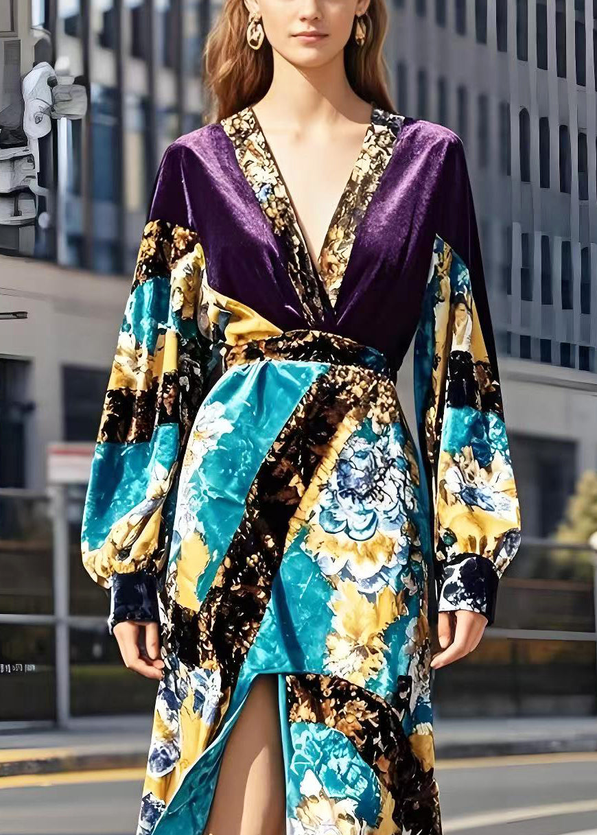 Purple Patchwork Silk Velour Vacation Dresses V Neck Side Open Spring