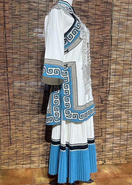 New White Embroidered Wrinkled Patchwork Tops and Skirts Linen Two Pieces Set Fall