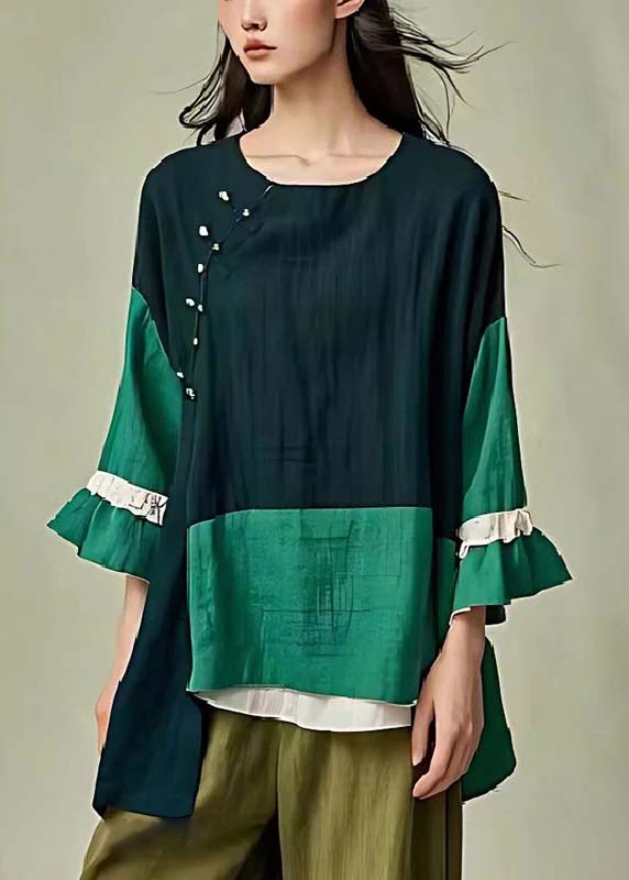 Diy Dull Green Asymmetrical Patchwork Linen Shirt Tops Flare Sleeve