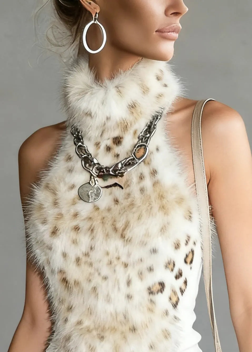 Leopard Turtleneck Fluffy Patchwork Tank Sleeveless