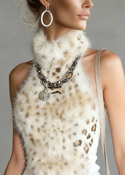 Leopard Turtleneck Fluffy Patchwork Tank Sleeveless
