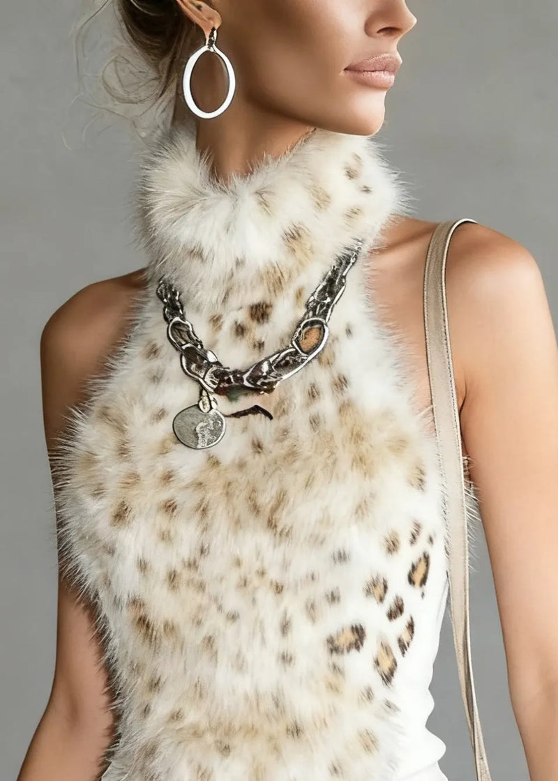 Leopard Turtleneck Fluffy Patchwork Tank Sleeveless