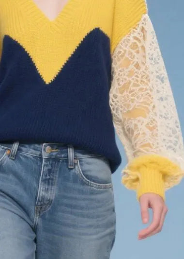 Colorblock V Neck Patchwork Lace Knit Pullover Winter