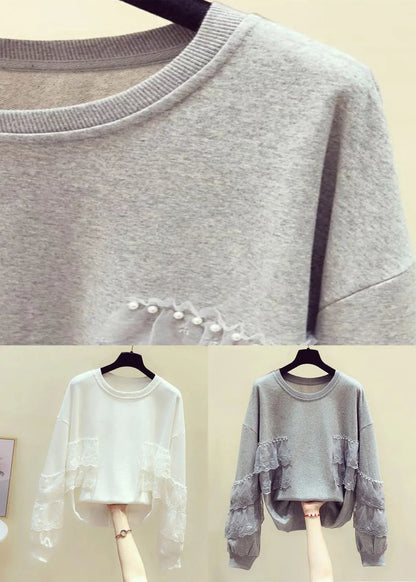 White Lace Patchwork Sweatshirts O Neck Spring