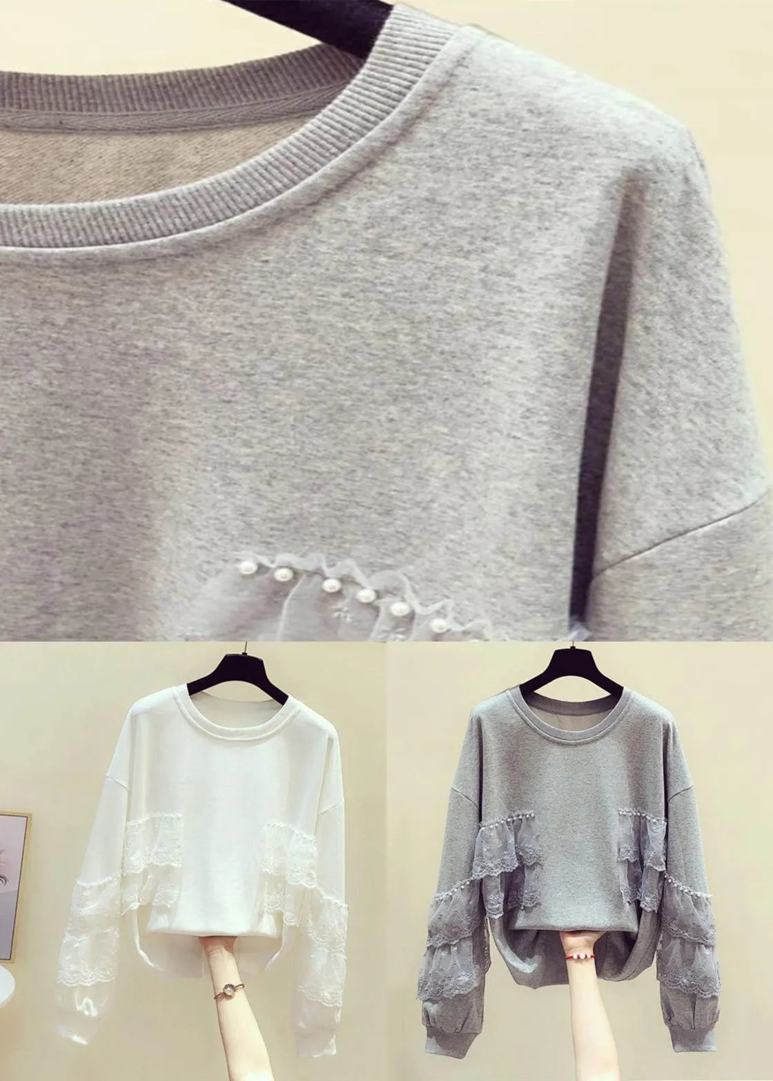 Loose Grey Pearl Lace Patchwork Cotton Spring