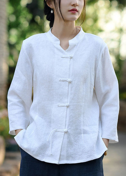 White Button Linen Coats Stand Collar Spring