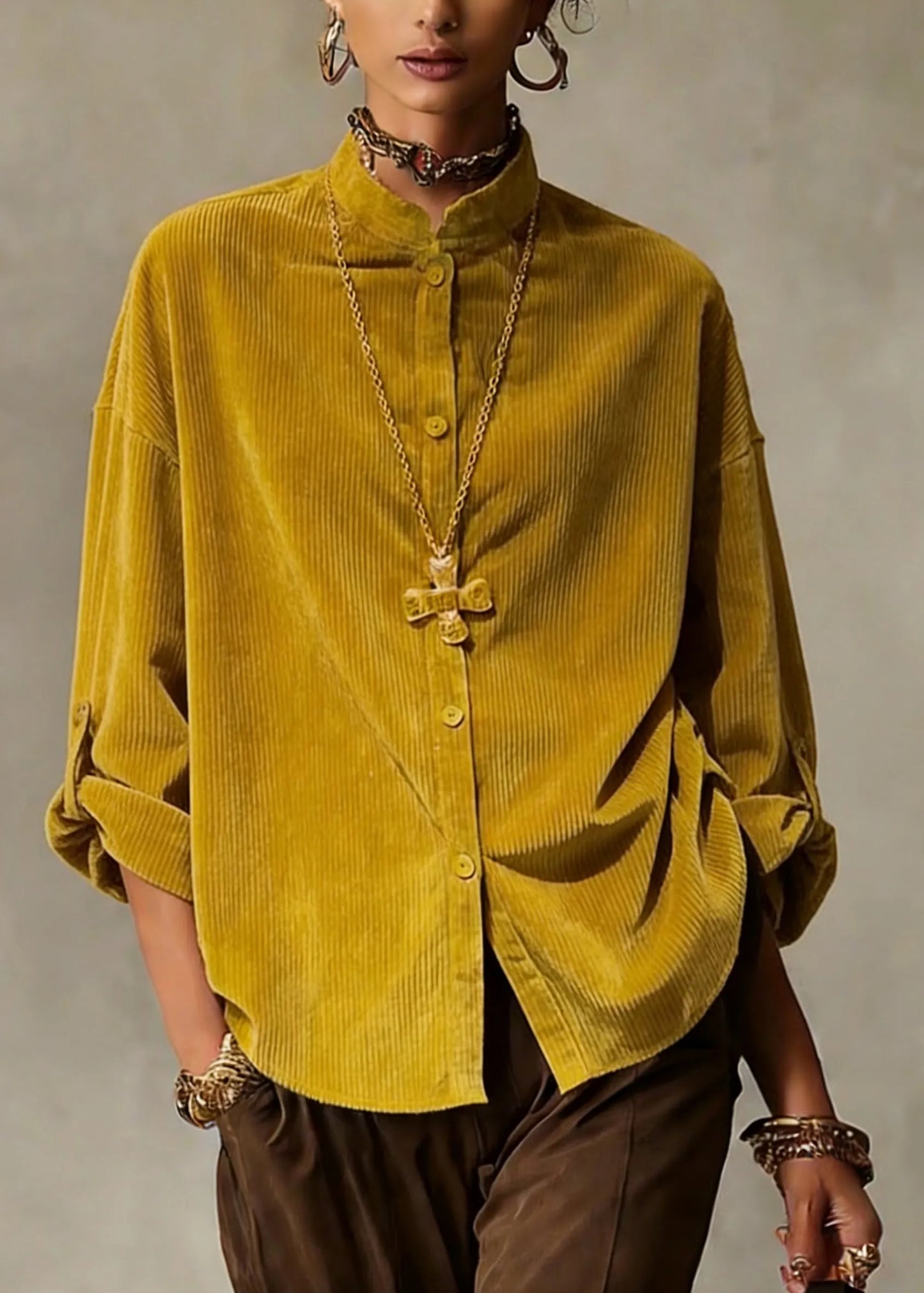 Simple Yellow Stand Collar Button Shirts Spring