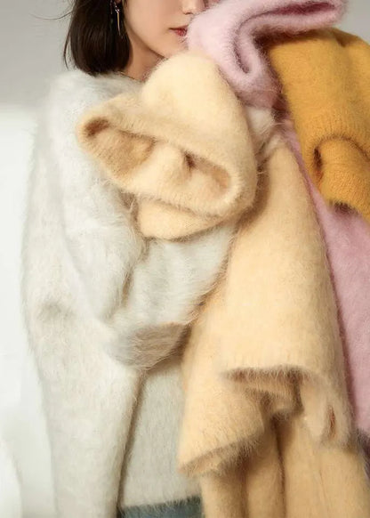 Natural White O-neck Cozy Woolen Knit Sweaters Winter