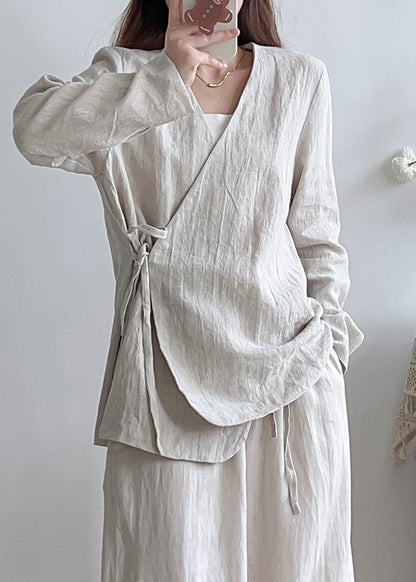 Chinese Style White V Neck Lace Up Linen Shirt Top Spring