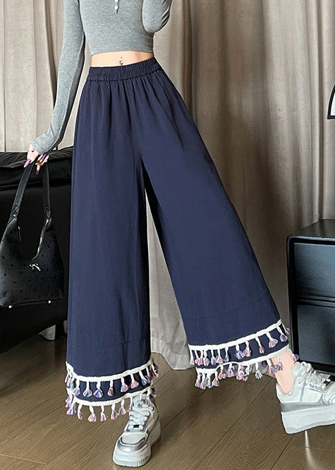 Navy Tasseled Cotton Wide Leg Pants Trousers Fall
