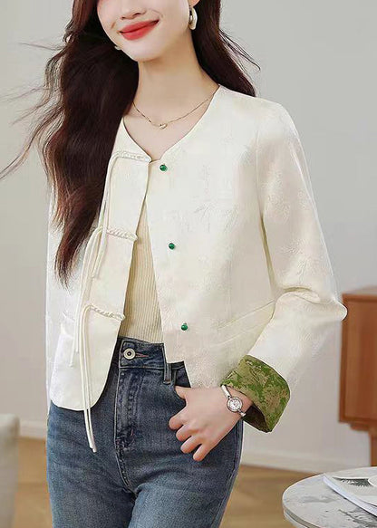 Beige O Neck Print Button Silk Coats Fall