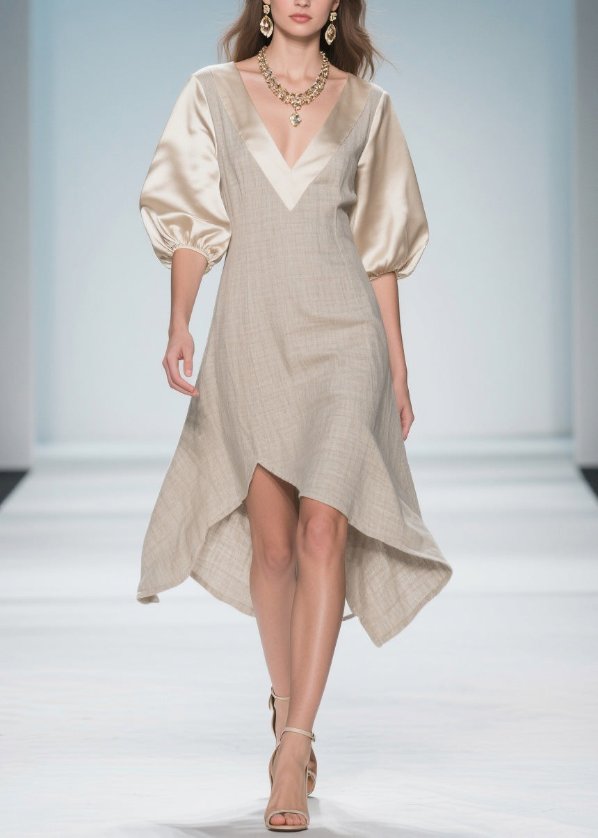 Colorblock Puff Sleeve Patchwork Linen Silk Dresses